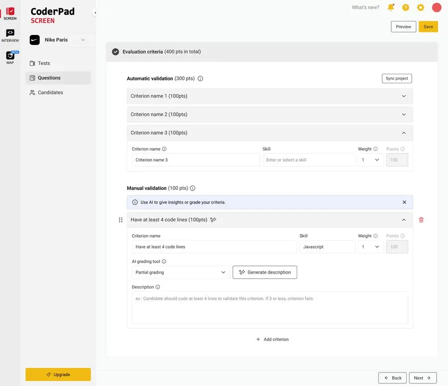 Écran de configuration des critères de la notation assistée par IA de CoderPad, avec validation automatique et validation manuelle assistée par IA.
