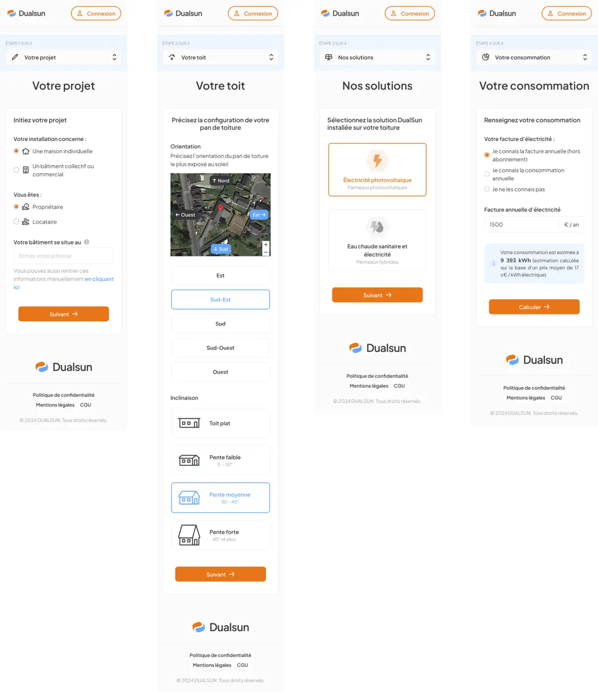 The four steps of Dualsun's prospect journey on mobile: project, roof, solutions, consumption.