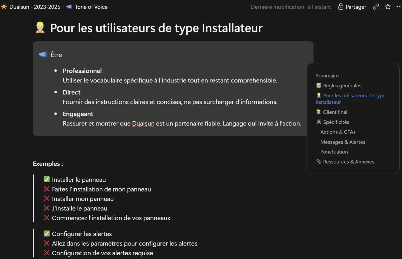 Excerpt of Dualsun's tone-of-voice guidelines for the 'Installer' persona, with right and wrong copy examples.