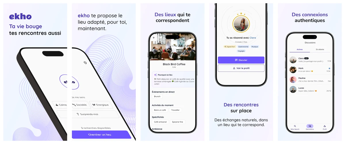 Captures de l'application Ekho disponible sur l'App Store et le Google Play Store.
