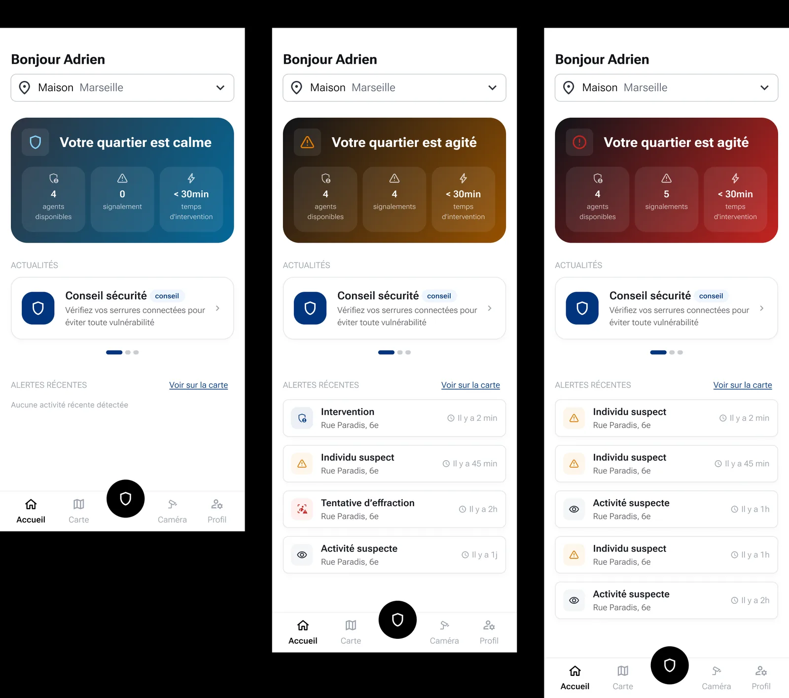 Écrans mobiles Wisecure montrant les statuts de quartier (calme, agité, danger) et les signalements qui les déclenchent.