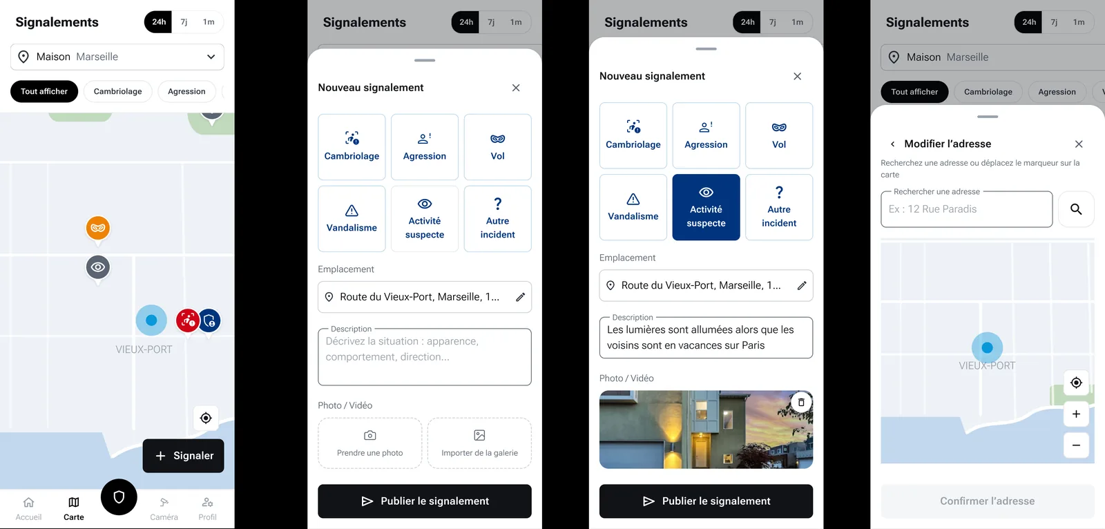 Écran de création d'un nouveau signalement sur la carte Wisecure.