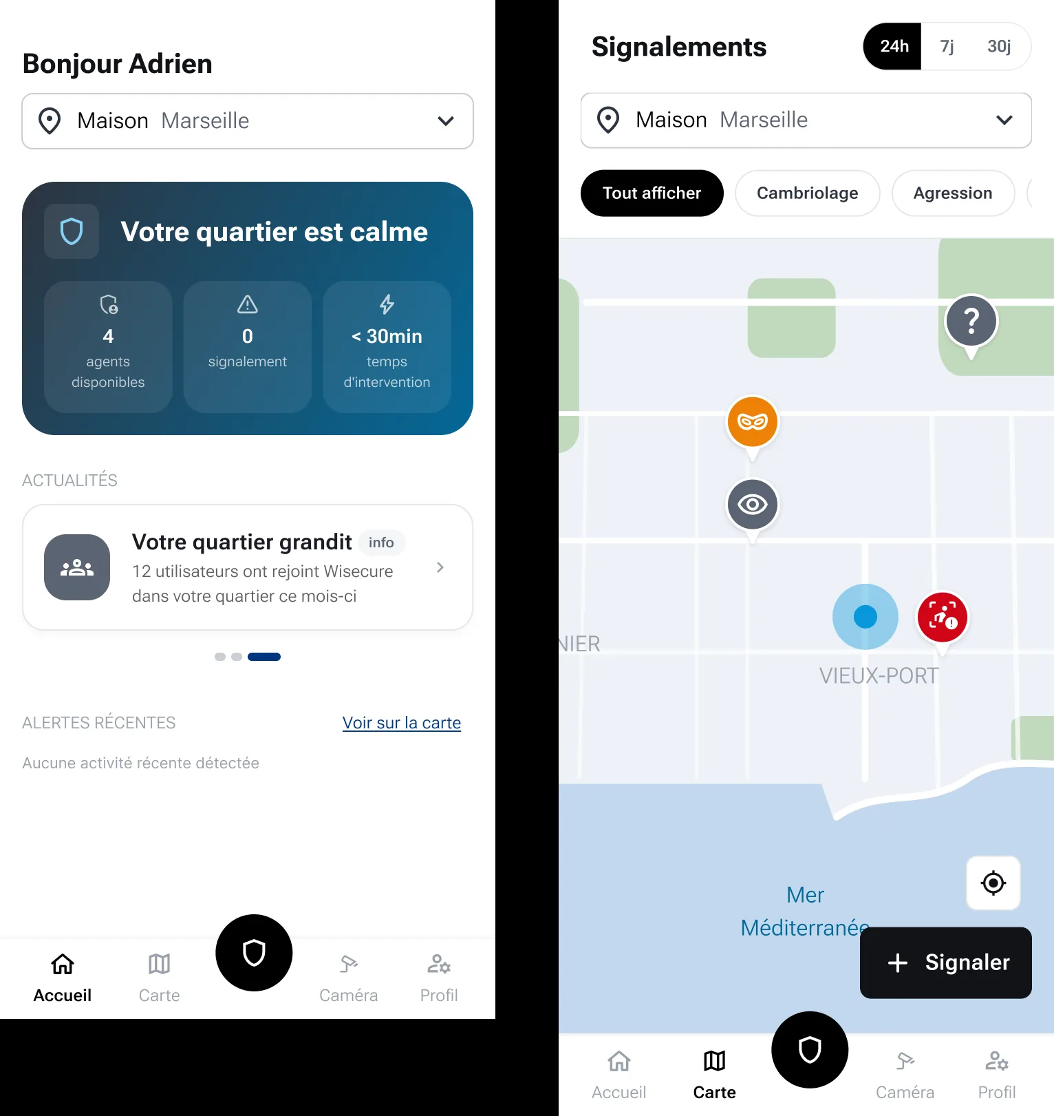 Bouton principal de demande d'intervention dans l'application Wisecure, en relief avec une icône de bouclier.